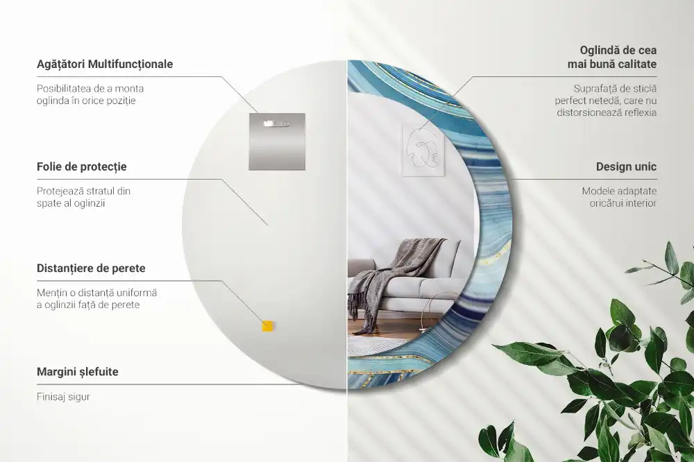 Rund spegel med tryckt ram Blå marmor