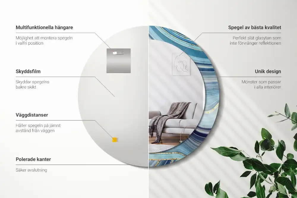 Rund spegel med tryckt ram Blå marmor