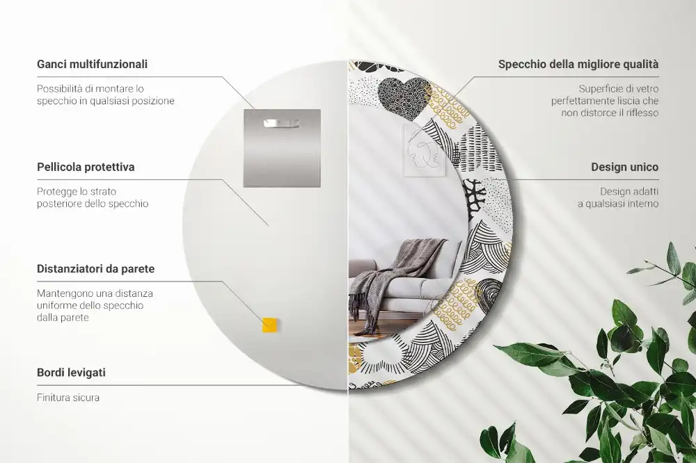 Rund spegel med tryckt ram Hearts Doodle Style