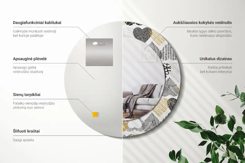 Rund spegel med tryckt ram Hearts Doodle Style