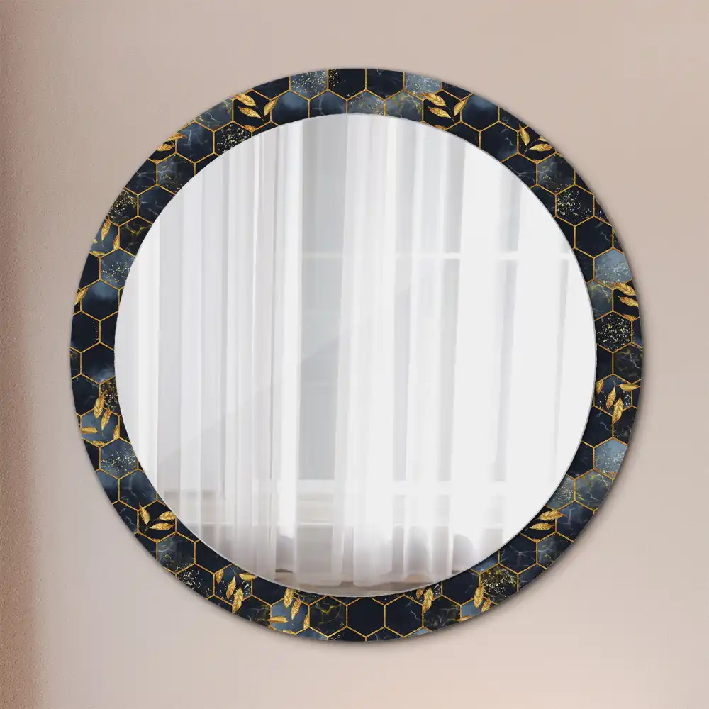 Rund spegel med tryckt Hexagon marmor