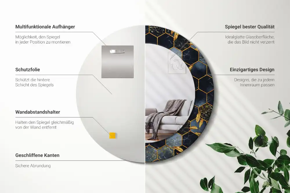 Rund spegel med tryckt Hexagon marmor