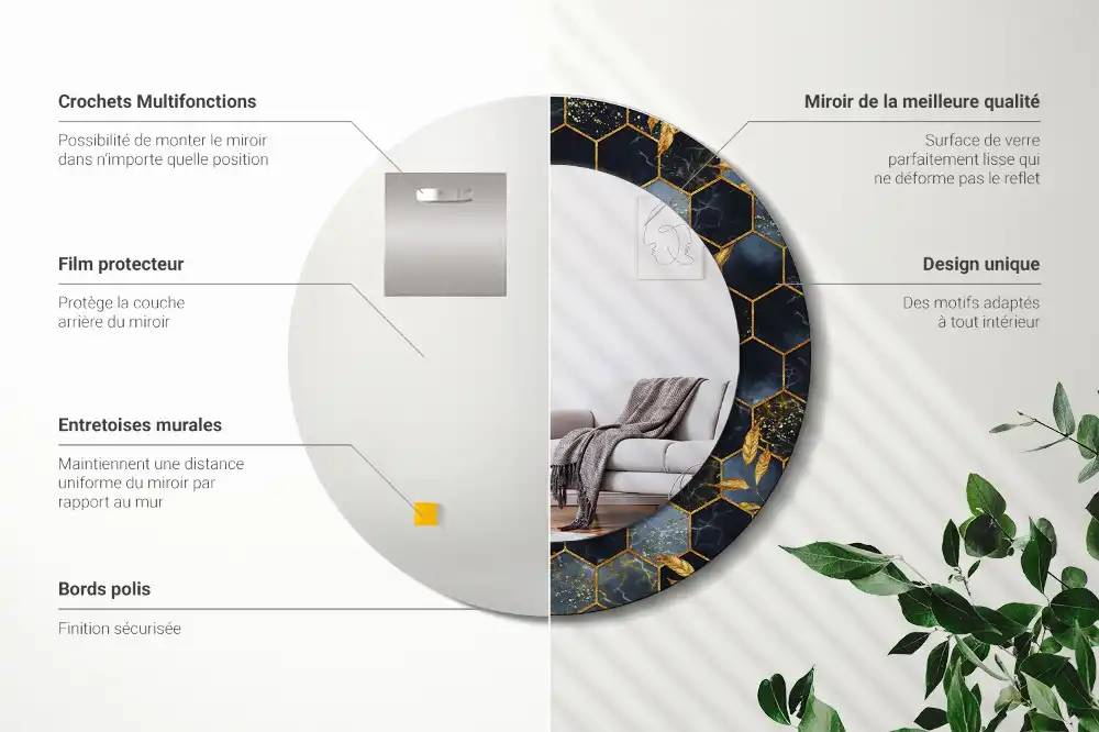 Rund spegel med tryckt Hexagon marmor