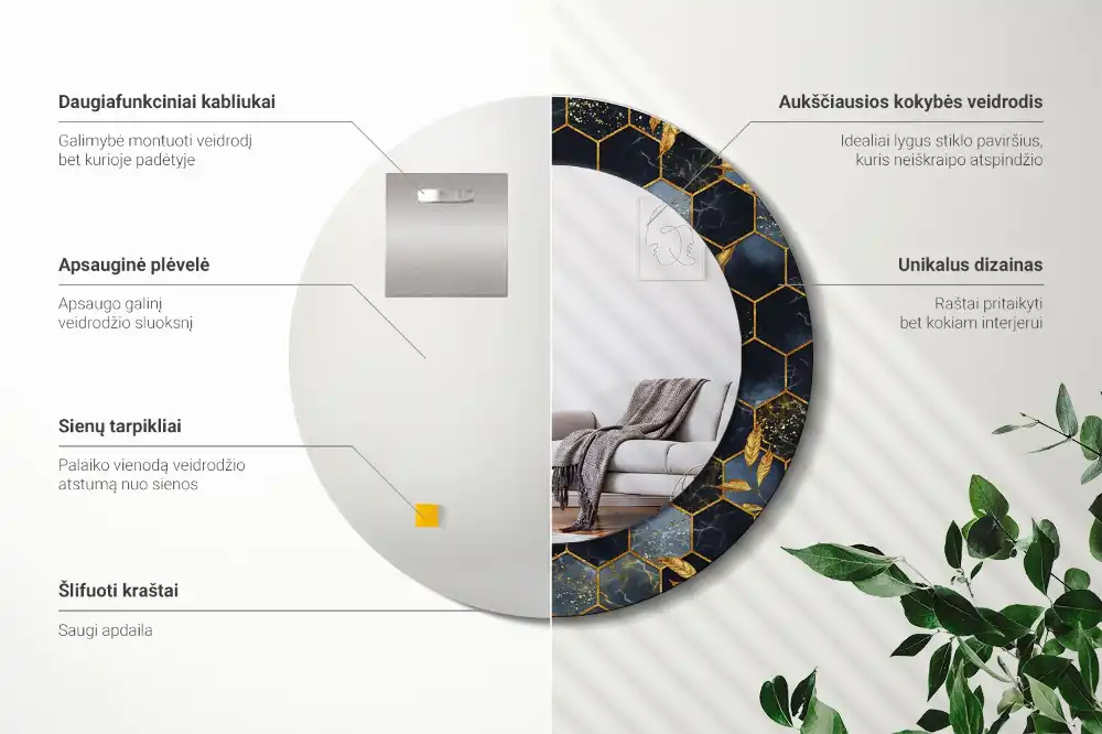 Rund spegel med tryckt Hexagon marmor