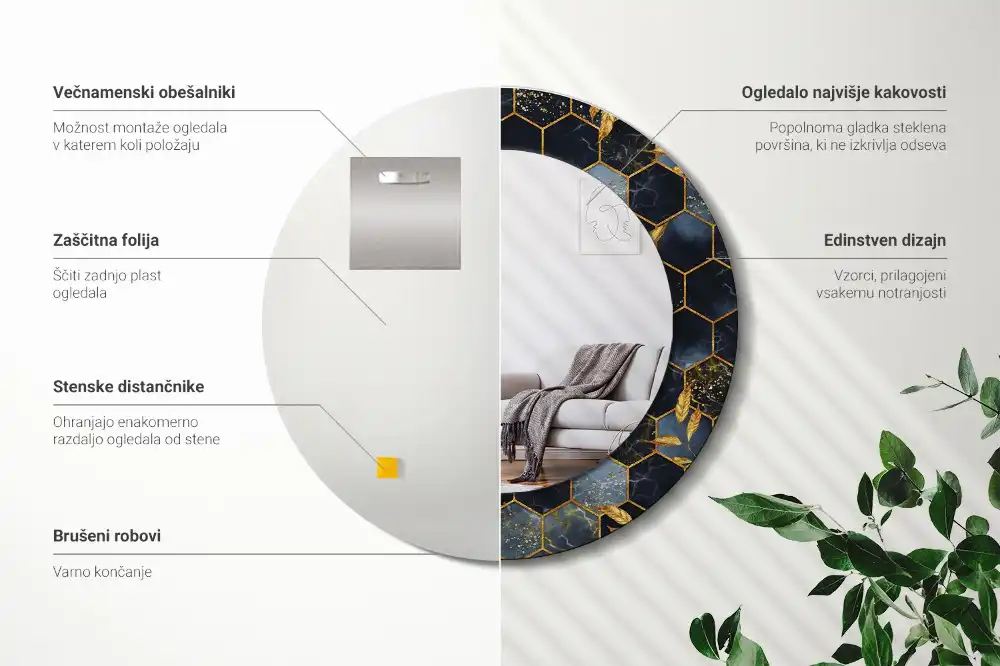 Rund spegel med tryckt Hexagon marmor