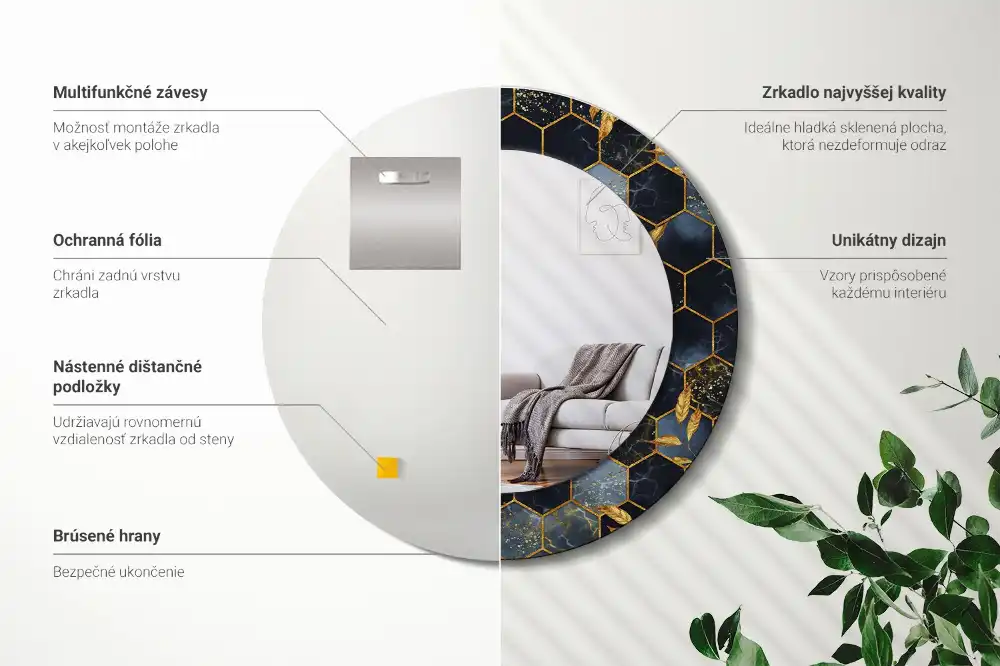 Rund spegel med tryckt Hexagon marmor