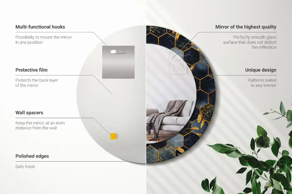 Rund spegel med tryckt Hexagon marmor