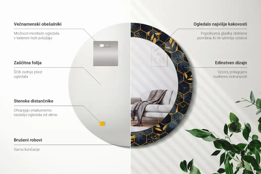 Rund spegel med tryckt Hexagon marmor