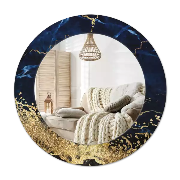 Rund spegel med tryckt ram Blå marmor