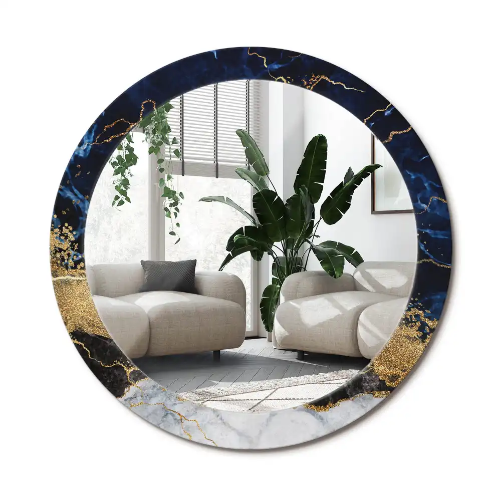 Rund spegel med tryckt ram Blå marmor