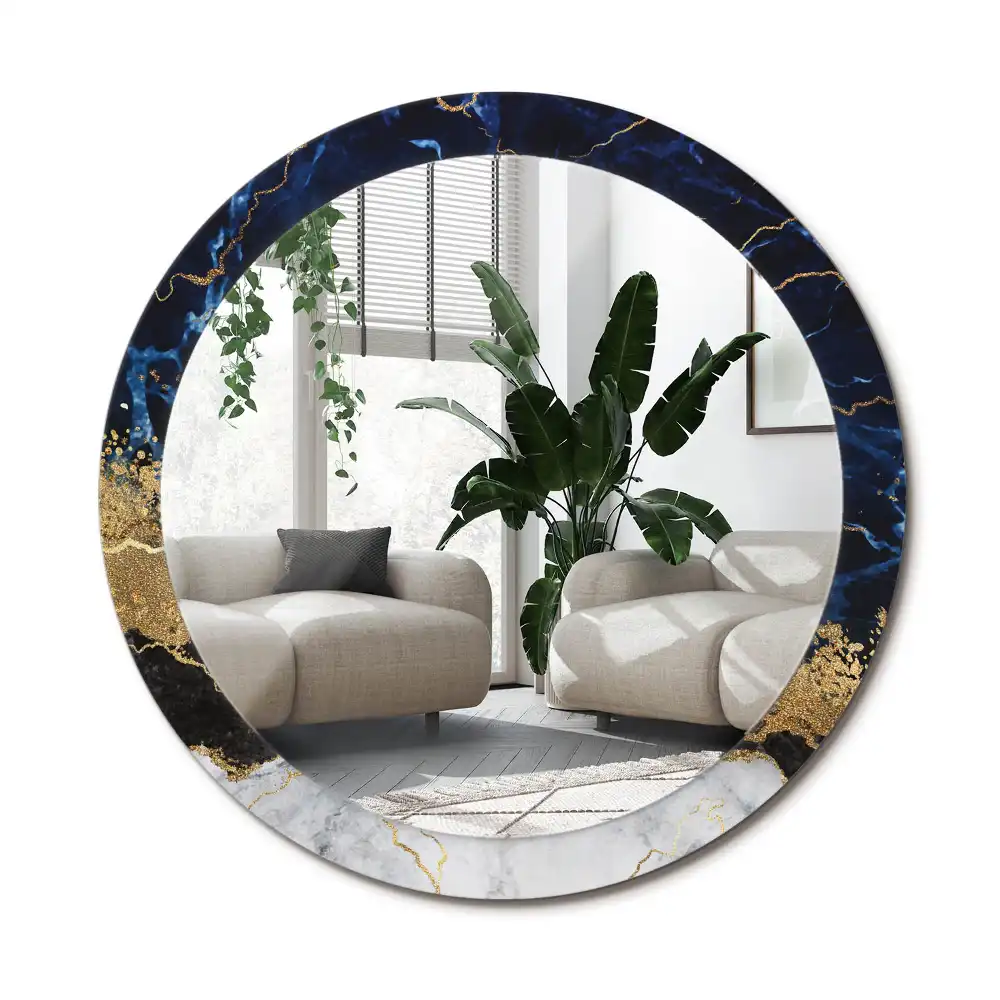 Rund spegel med tryckt ram Blå marmor