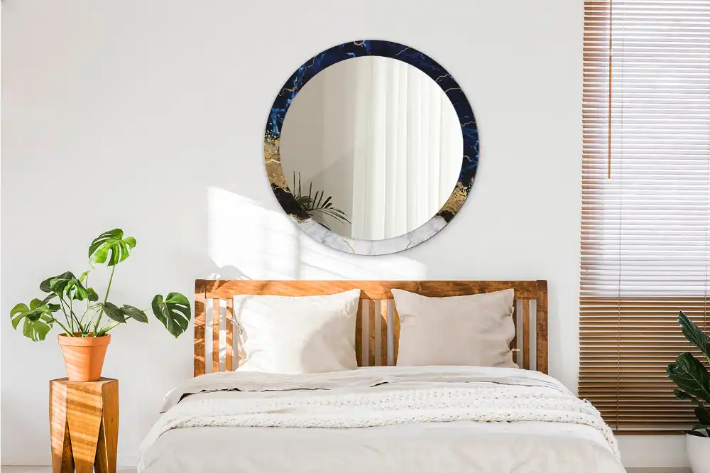 Rund spegel med tryckt ram Blå marmor