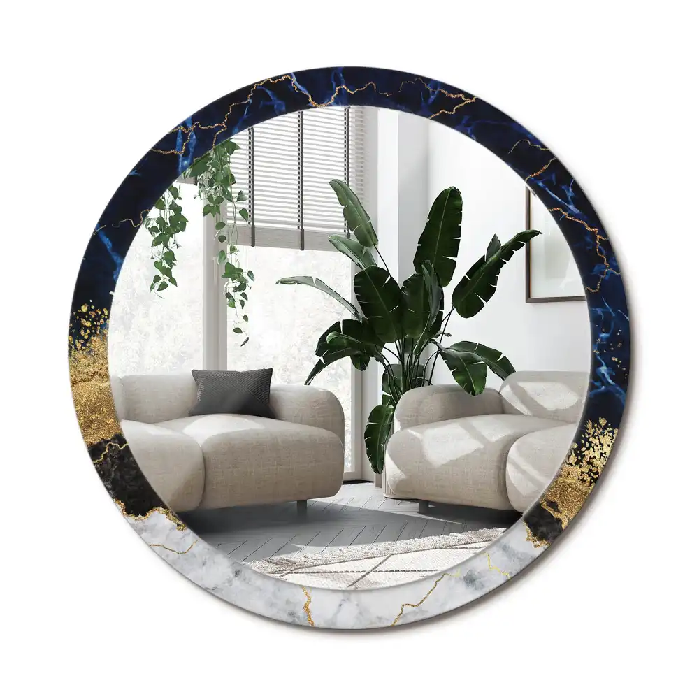 Rund spegel med tryckt ram Blå marmor