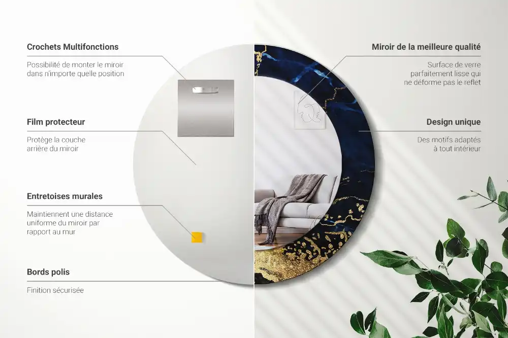 Rund spegel med tryckt ram Blå marmor