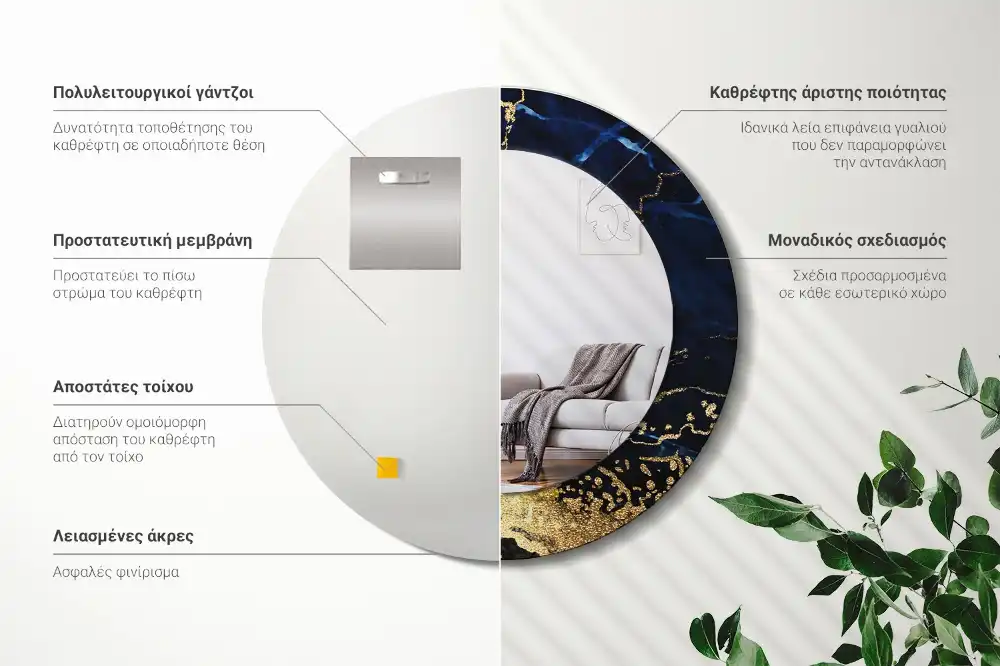 Rund spegel med tryckt ram Blå marmor