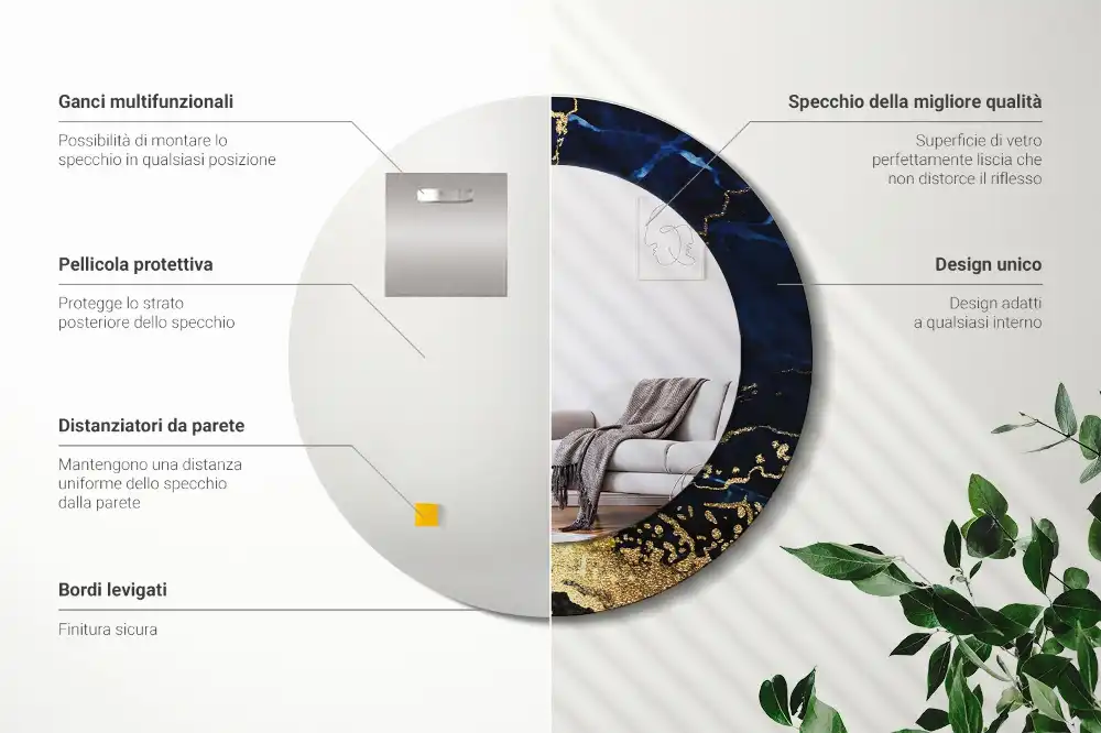 Rund spegel med tryckt ram Blå marmor