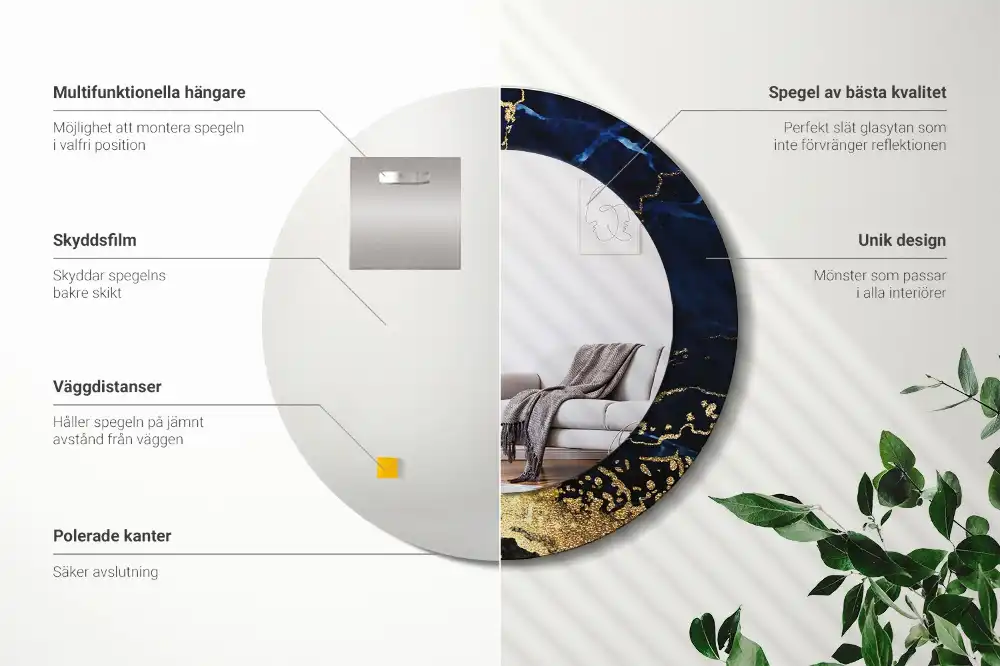 Rund spegel med tryckt ram Blå marmor