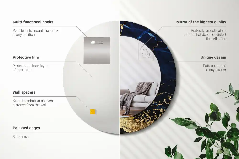 Rund spegel med tryckt ram Blå marmor