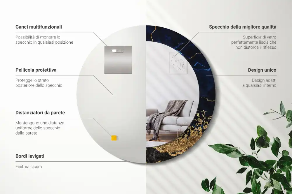 Rund spegel med tryckt ram Blå marmor