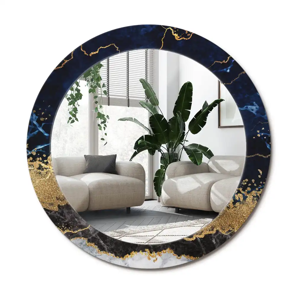Rund spegel med tryckt ram Blå marmor