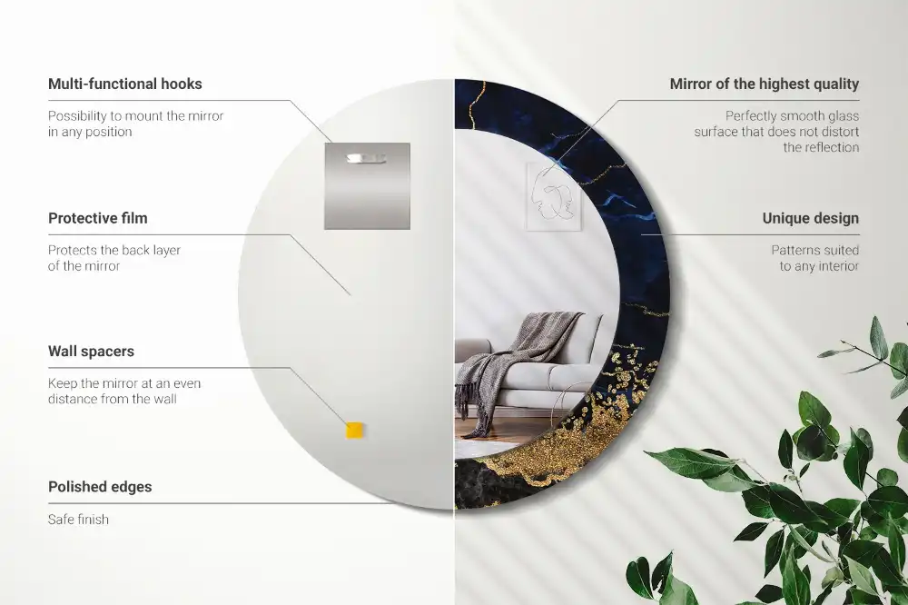 Rund spegel med tryckt ram Blå marmor