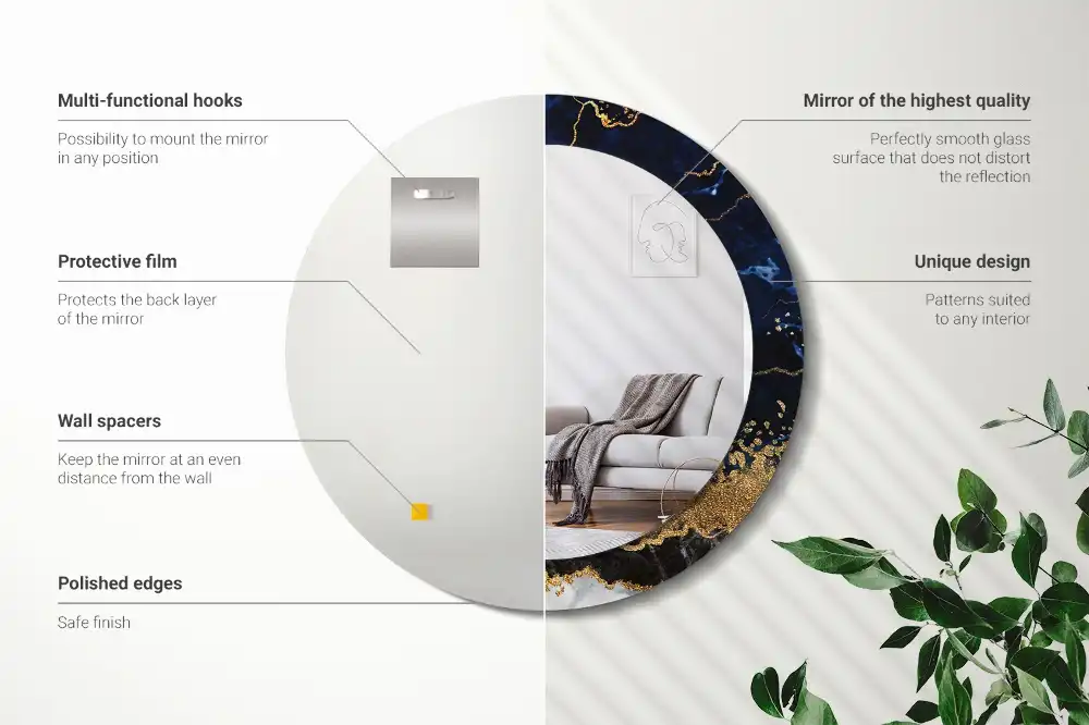 Rund spegel med tryckt ram Blå marmor