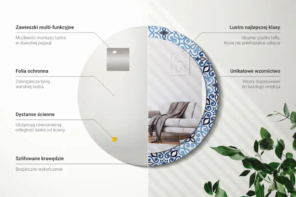 Rund spegel med tryckt ram Blått arabiskt mönster