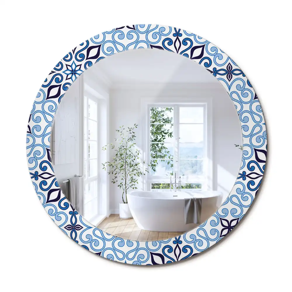 Rund spegel med tryckt ram Blått arabiskt mönster