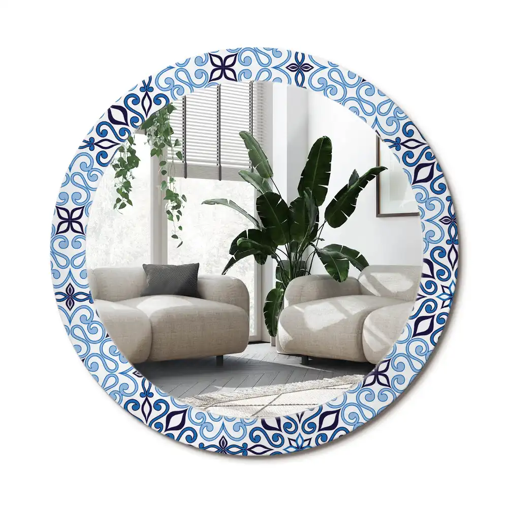 Rund spegel med tryckt ram Blått arabiskt mönster