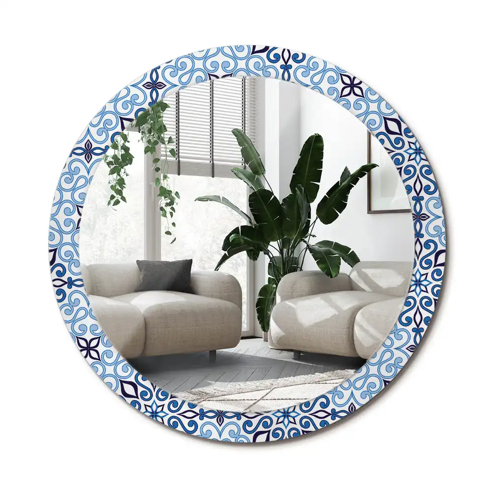 Rund spegel med tryckt ram Blått arabiskt mönster