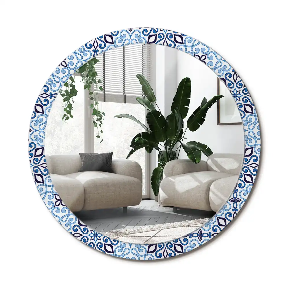 Rund spegel med tryckt ram Blått arabiskt mönster
