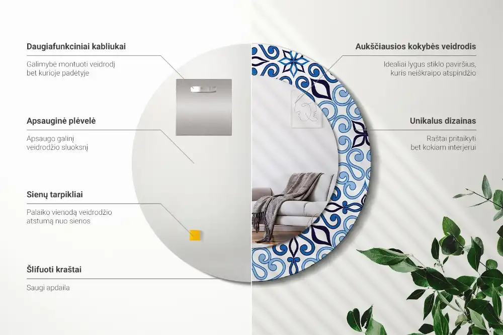 Rund spegel med tryckt ram Blått arabiskt mönster