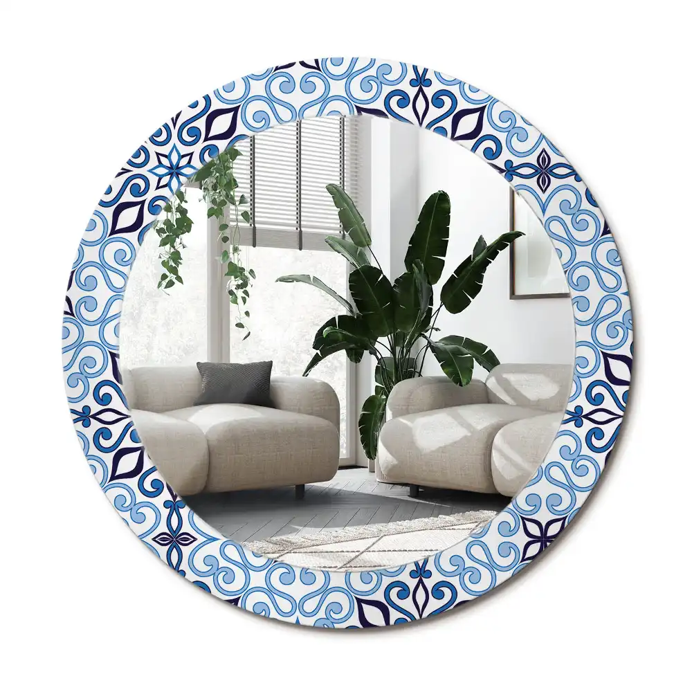 Rund spegel med tryckt ram Blått arabiskt mönster
