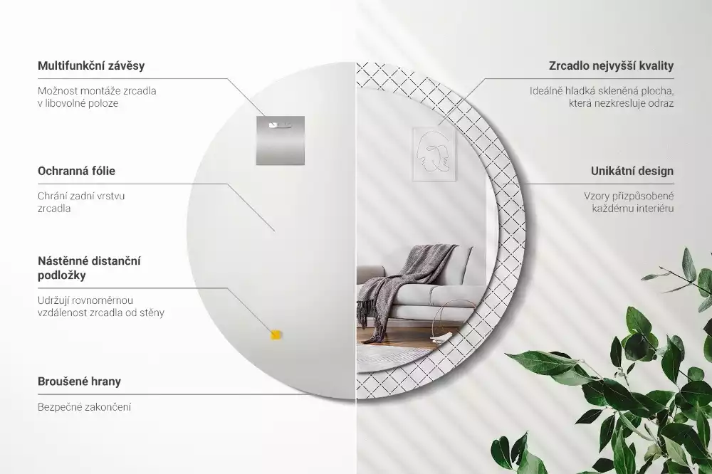 Rund spegel med tryckt ram Tvärgående linjer