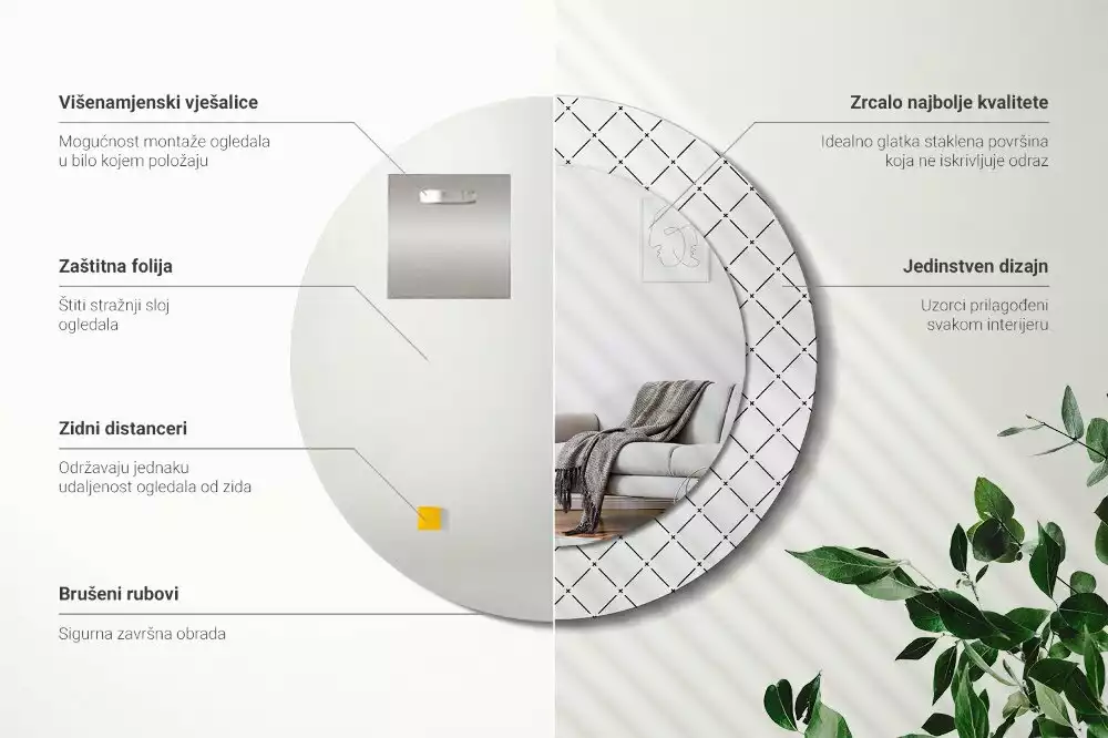 Rund spegel med tryckt ram Tvärgående linjer