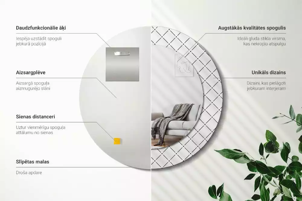 Rund spegel med tryckt ram Tvärgående linjer