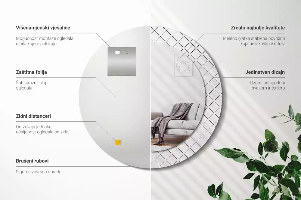 Rund spegel med tryckt ram Tvärgående linjer