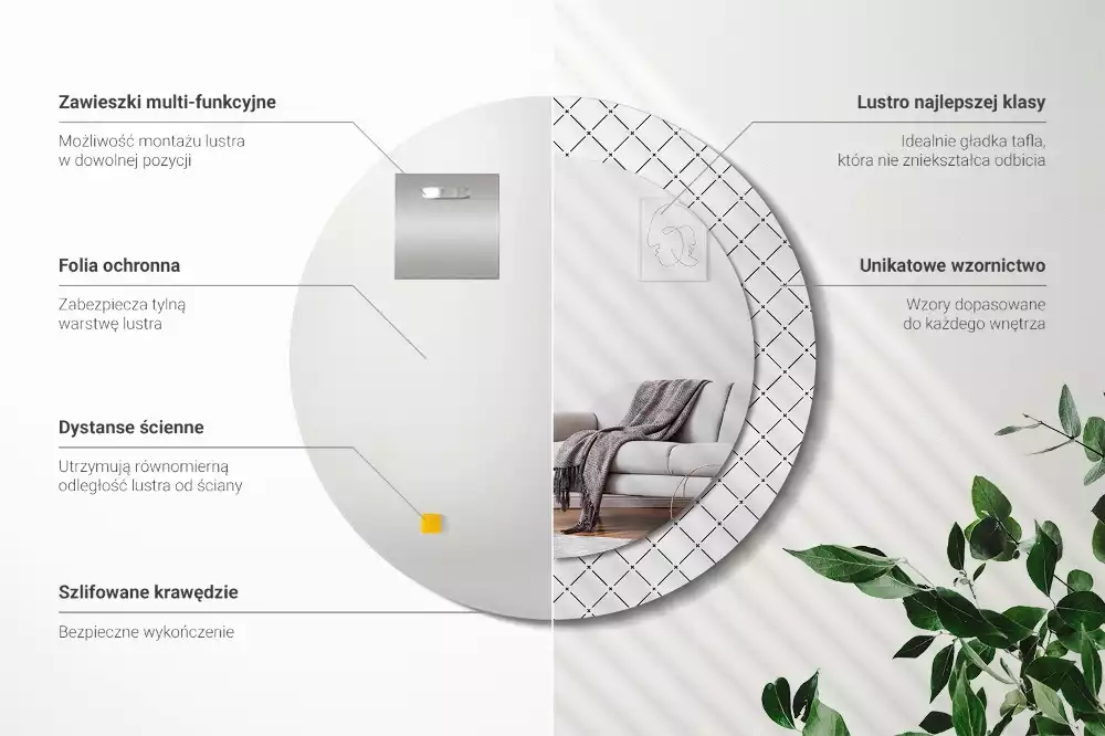 Rund spegel med tryckt ram Tvärgående linjer