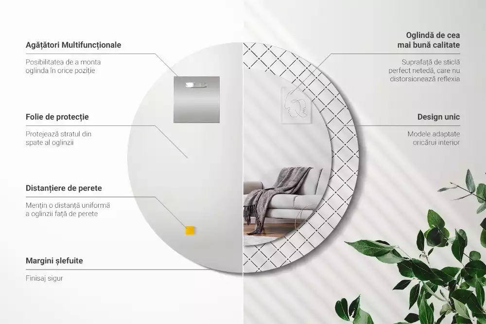 Rund spegel med tryckt ram Tvärgående linjer