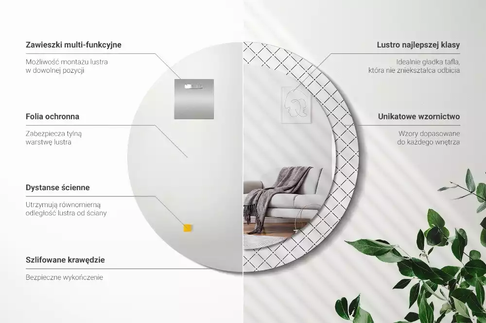 Rund spegel med tryckt ram Tvärgående linjer