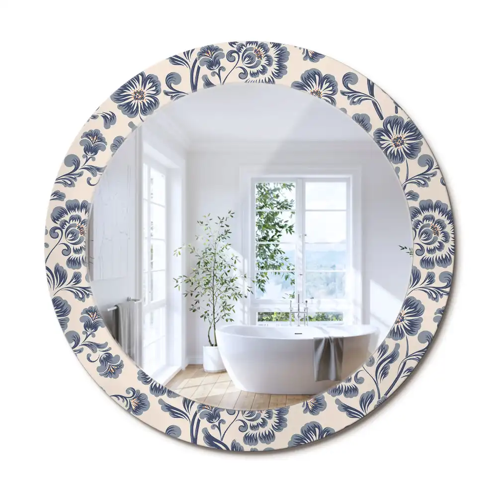 Rund spegel med tryckt ram Blommönster