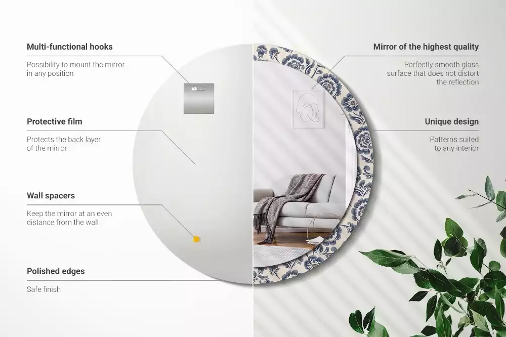 Rund spegel med tryckt ram Blommönster