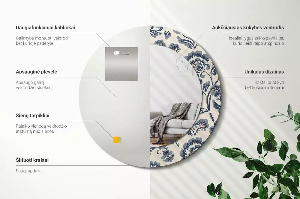 Rund spegel med tryckt ram Blommönster