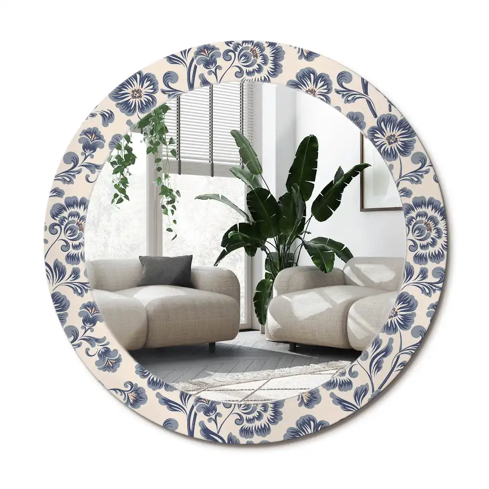 Rund spegel med tryckt ram Blommönster