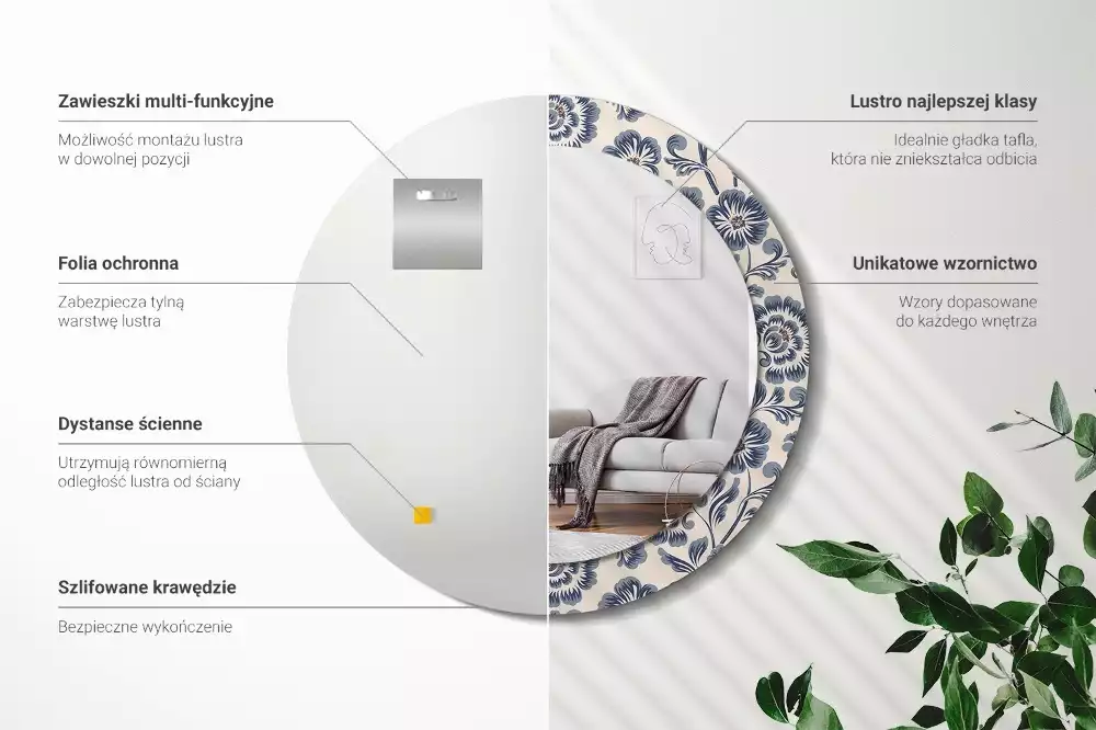 Rund spegel med tryckt ram Blommönster