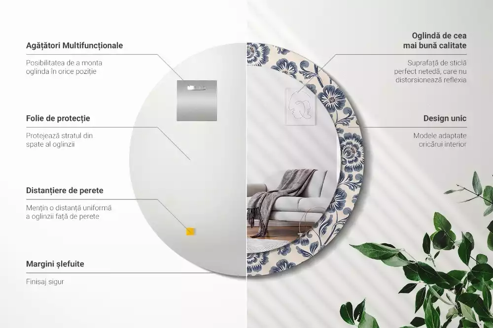 Rund spegel med tryckt ram Blommönster