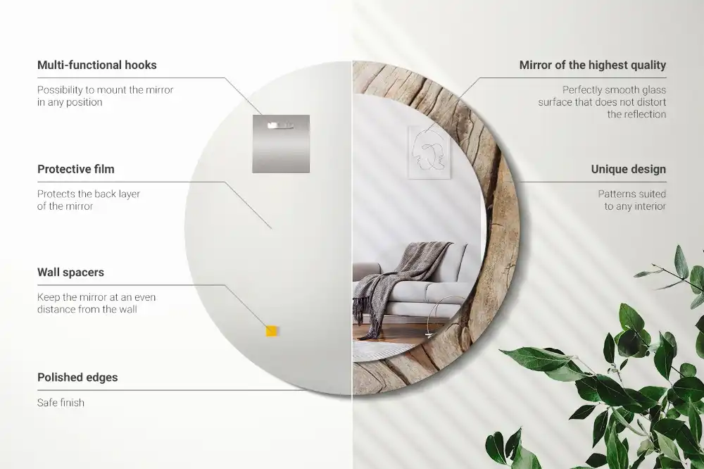 Rund spegel med tryckt Sprucket trä