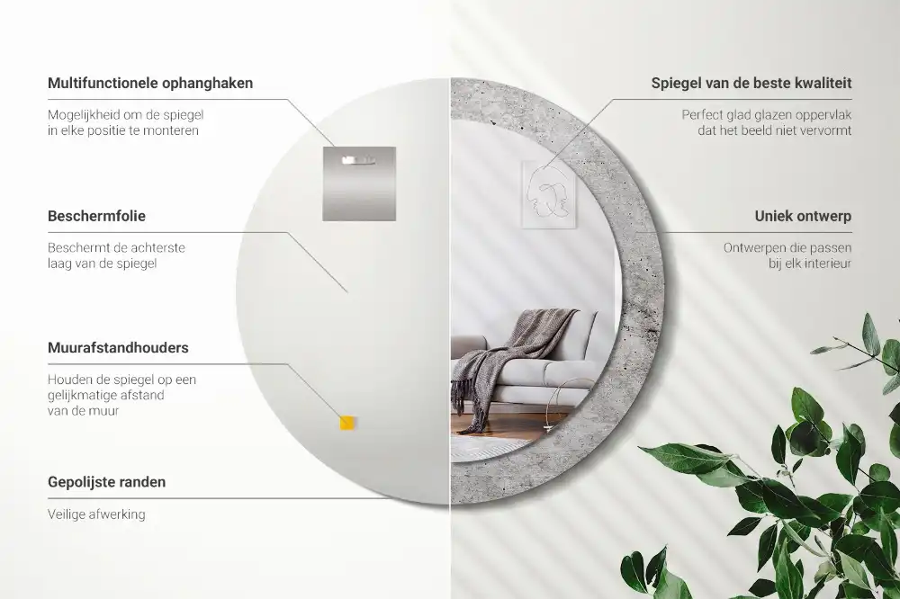 Rund spegel med tryckt Grå betong