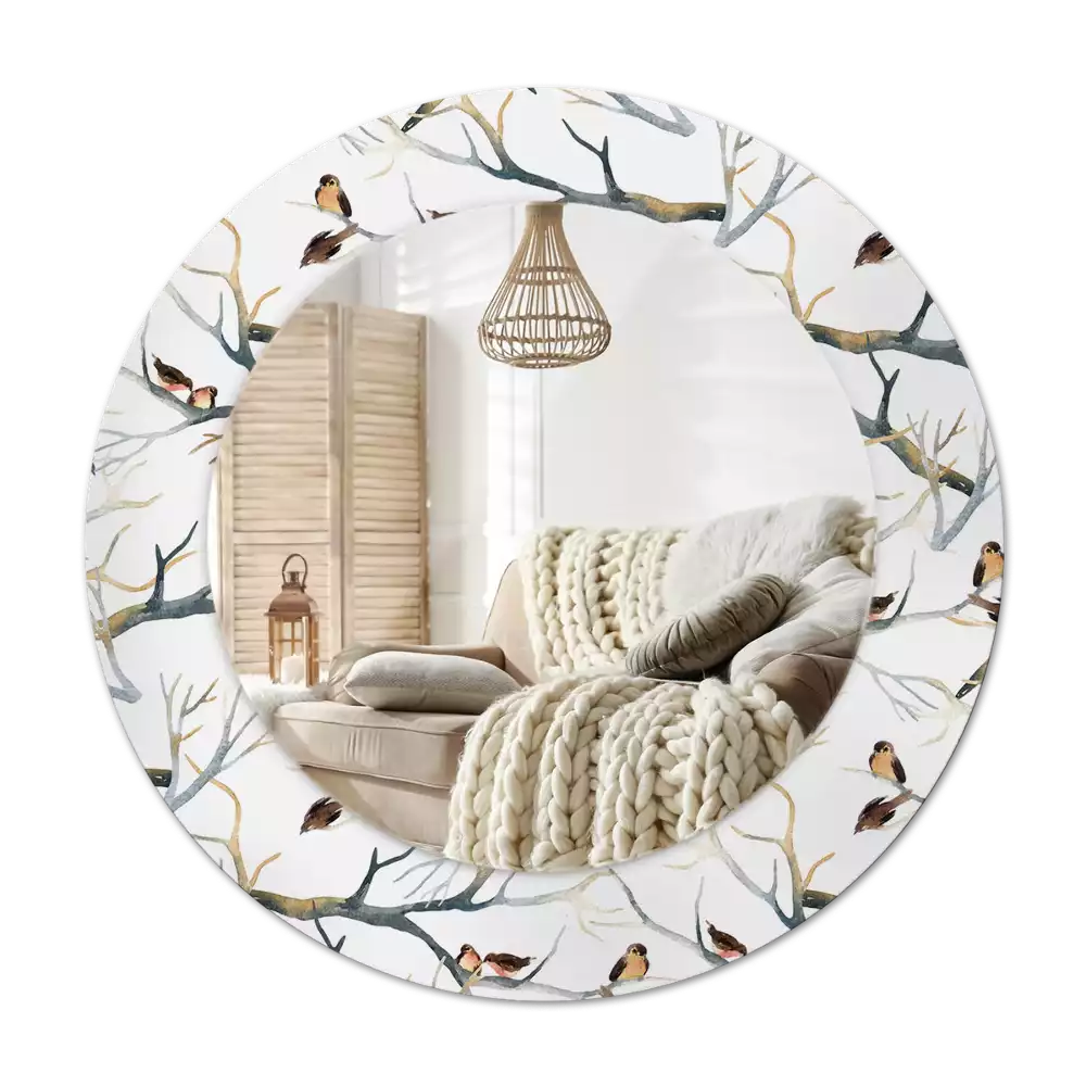 Rund spegel med tryckt Sparvar fåglar grenar