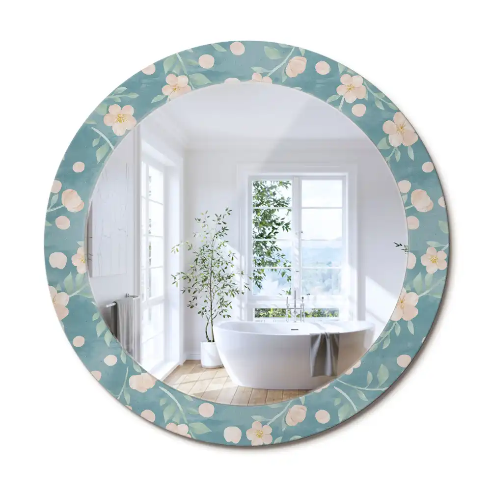 Rund spegel med tryckt ram Blommönster